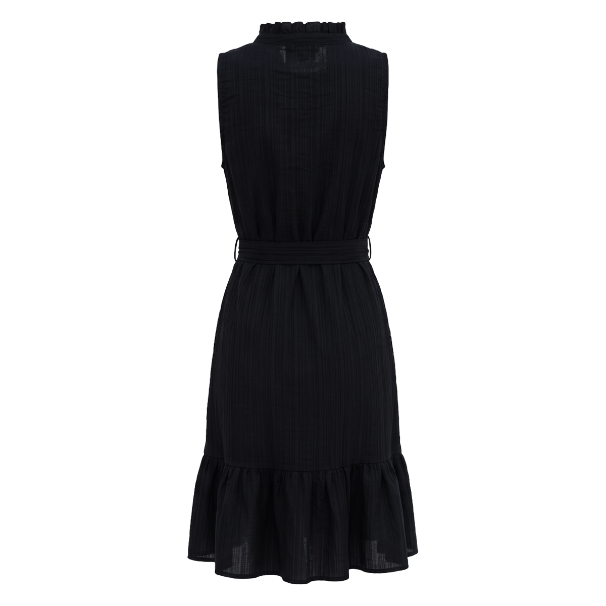 Vestido negro sin mangas con cuello fruncido y cinturón