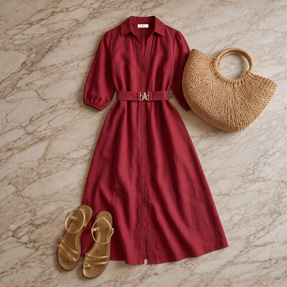 Vestido Rojo Vino Largo Mujer Camisero Escote V Cinturón Ajustable Dorado