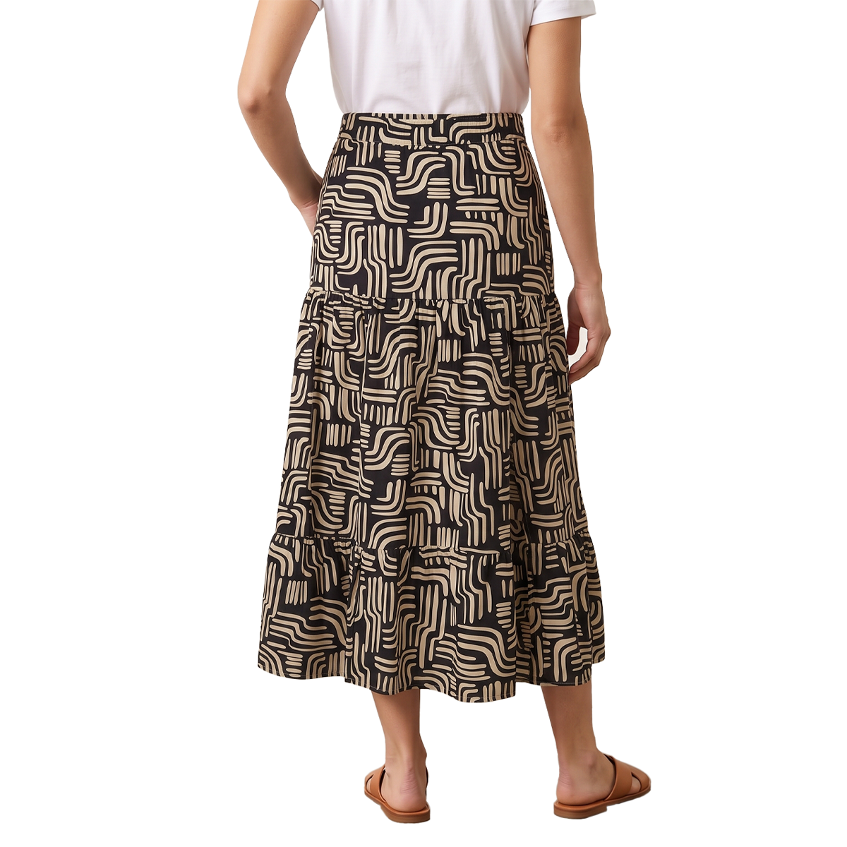 Falda Midi Mujer Estampada Negra con Olanes y Abertura en Pierna