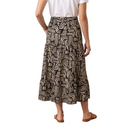 Falda Midi Mujer Estampada Negra con Olanes y Abertura en Pierna