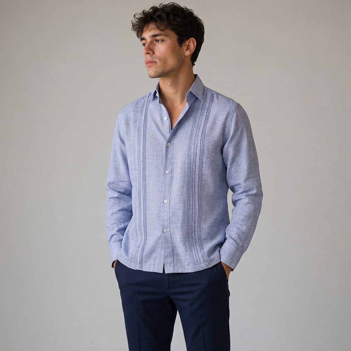 Guayabera Manga Larga Azul Plúmbago Jaspe con Alforzas Hombre