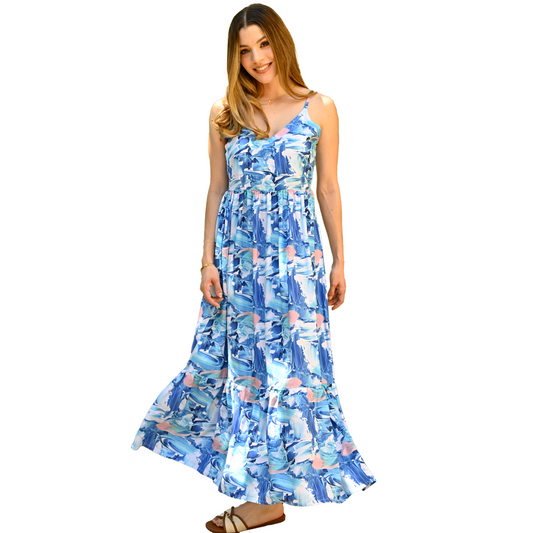 Vestido Largo Mujer Escote V Ajuste Espalda Tela Viscosa Verano Estampada
