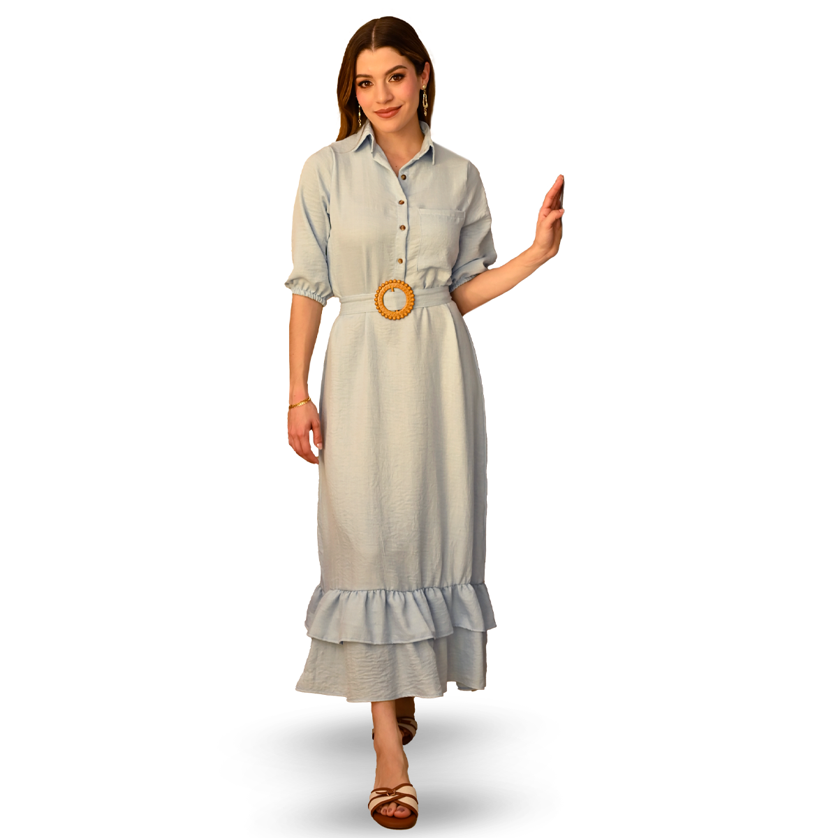 Women's Long Shirt Dress with Adjustable Sky Blue Belt Lightweight Casual Fabric