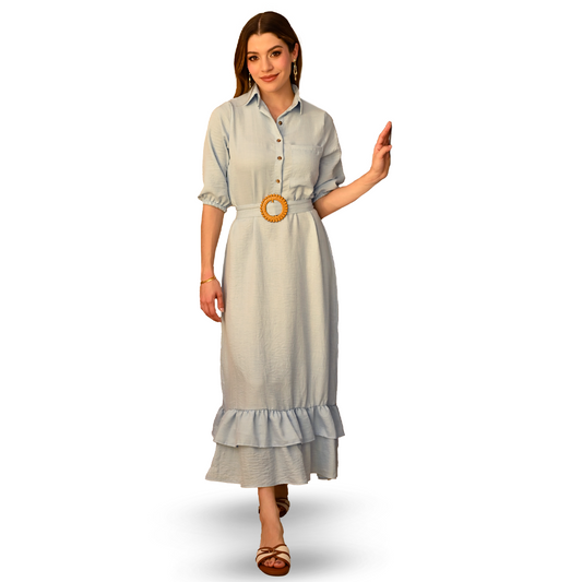 Vestido Camisero Largo Mujer con Cinturón Azul Cielo Ajustable Tela Ligera Casual