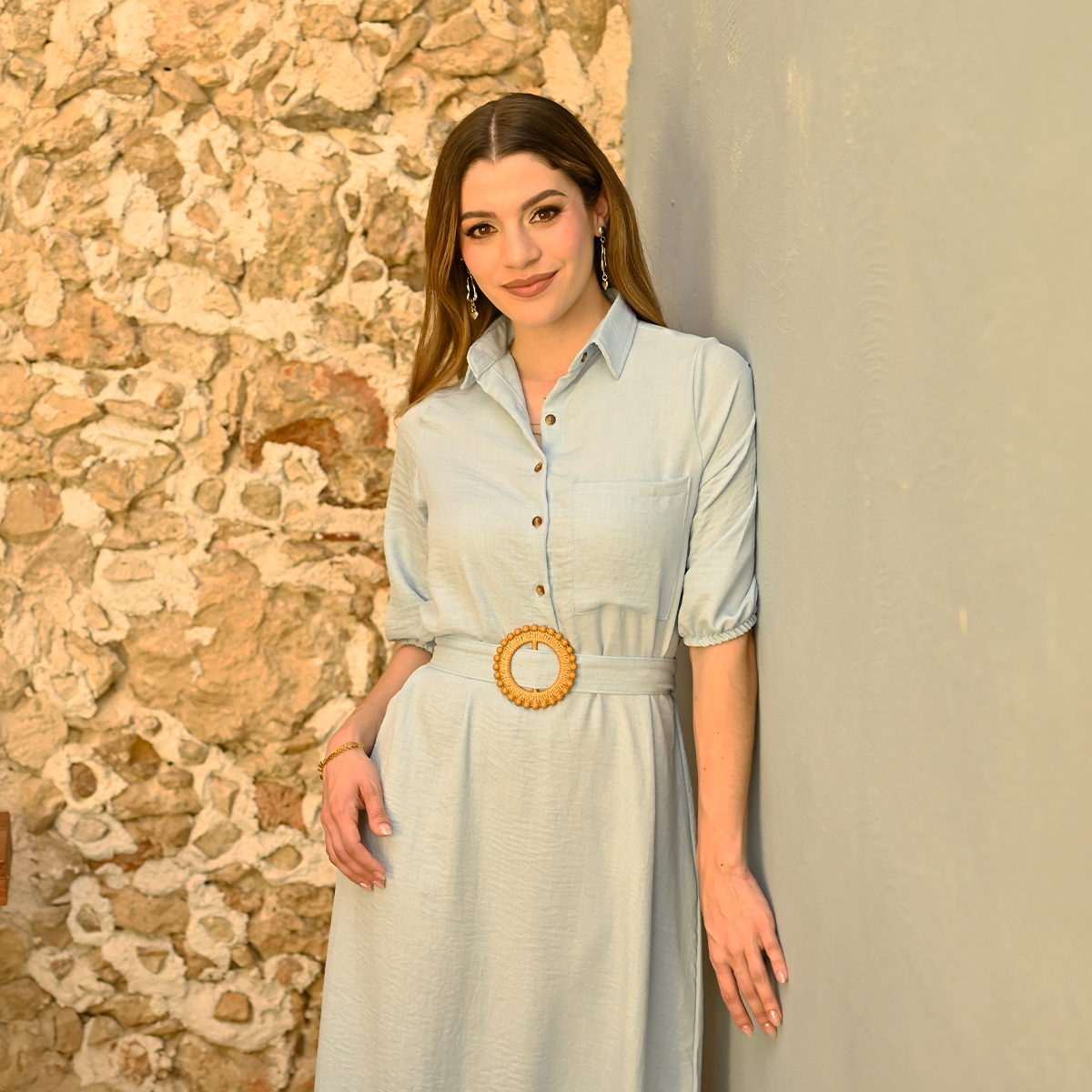 Women's Long Shirt Dress with Adjustable Sky Blue Belt Lightweight Casual Fabric
