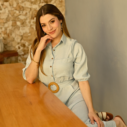 Women's Long Shirt Dress with Adjustable Sky Blue Belt Lightweight Casual Fabric