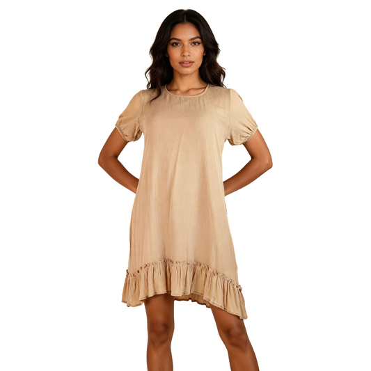 Vestido Caqui Corto Mujer Manga Elástica con Olán Ligero