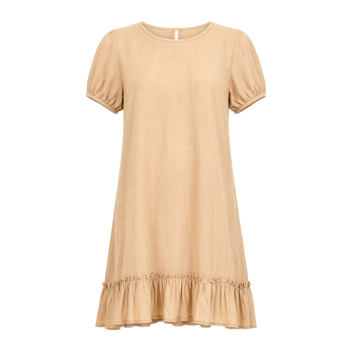 Vestido Caqui Corto Mujer Manga Elástica con Olán Ligero