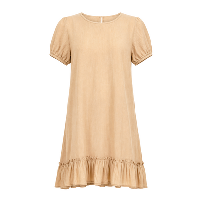 Vestido Caqui Corto Mujer Manga Elástica con Olán Ligero