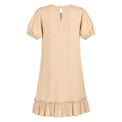 Vestido Caqui Corto Mujer Manga Elástica con Olán Ligero