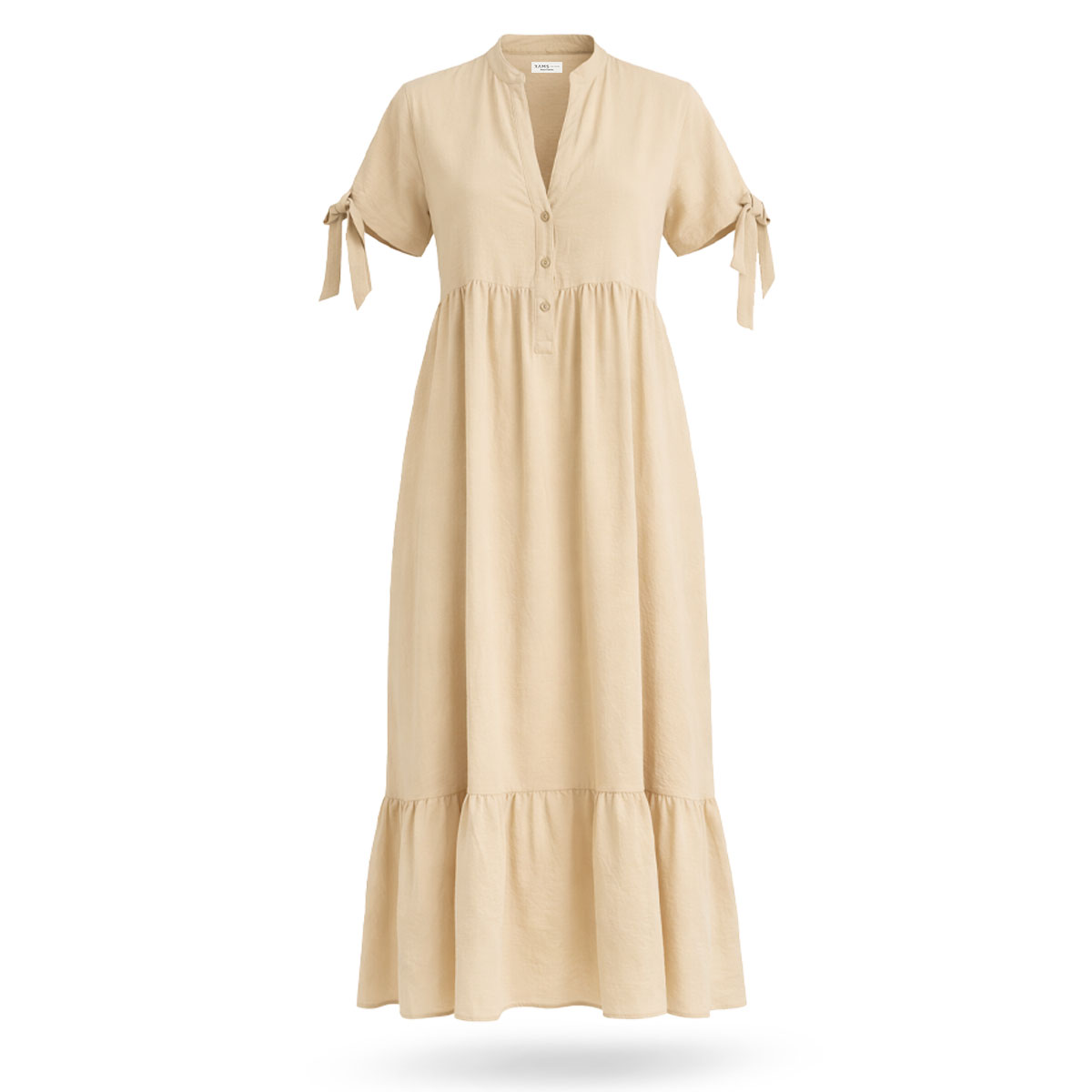 Women's Long Khaki Dress with Shirt Collar Neckline, Mandarin Collar, Adjustable Tie, and Sleeves