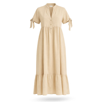 Women's Long Khaki Dress with Shirt Collar Neckline, Mandarin Collar, Adjustable Tie, and Sleeves