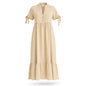 Women's Long Khaki Dress with Shirt Collar Neckline, Mandarin Collar, Adjustable Tie, and Sleeves