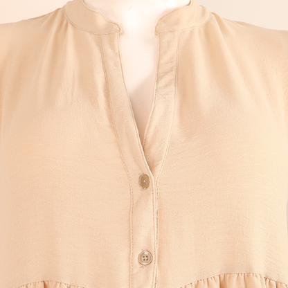 Women's Long Khaki Dress with Shirt Collar Neckline, Mandarin Collar, Adjustable Tie, and Sleeves