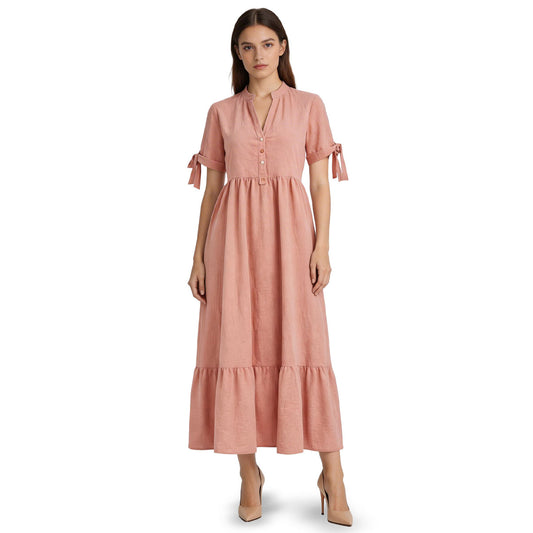 Vestido Palo de Rosa Largo Tipo Camisa Mujer Cuello Mao con Lazo en Mangas