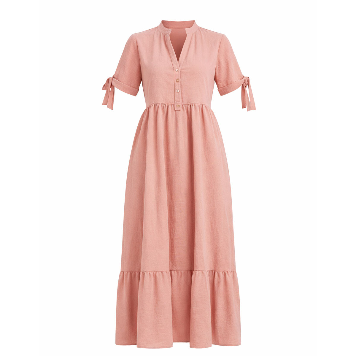 Women's Long Rosewood Shirt Dress with Mandarin Collar and Tie Sleeves