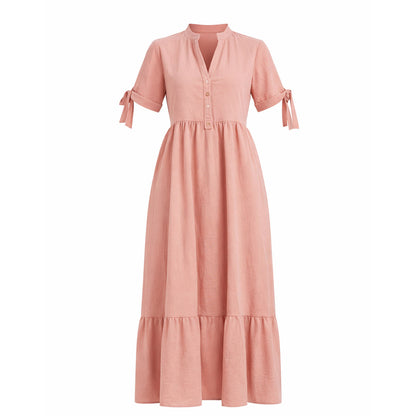 Women's Long Rosewood Shirt Dress with Mandarin Collar and Tie Sleeves