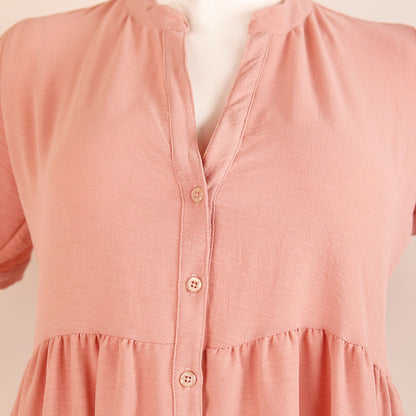 Women's Long Rosewood Shirt Dress with Mandarin Collar and Tie Sleeves