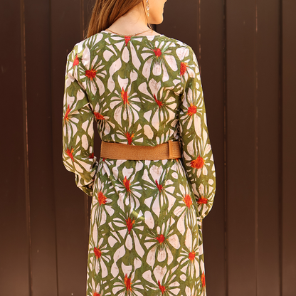 Women's Printed V-Neck Long-Sleeve Maxi Dress Without Belt
