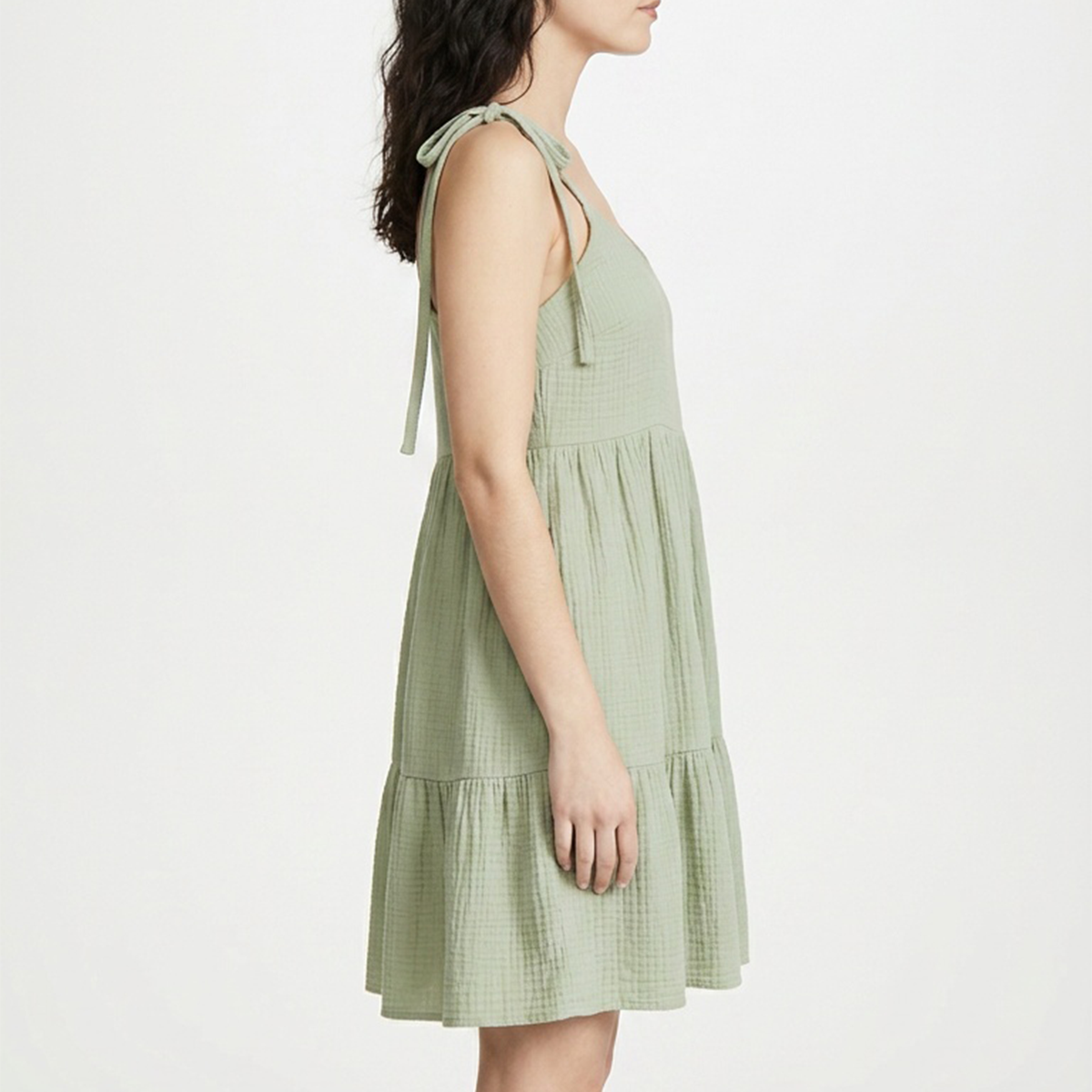 Vestido corto de tirantes con textura acanalada verde olivo