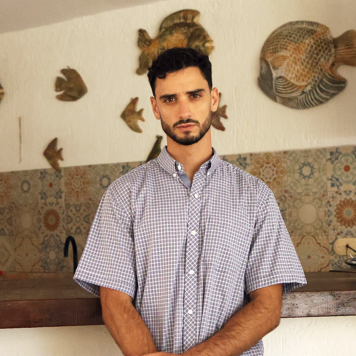 Camisa de manga corta a cuadros para hombre