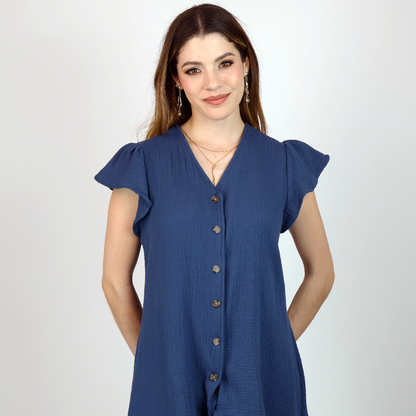 Vestido Corto De Algodón Mujer Azul Marino Cuello Redondo Ligero