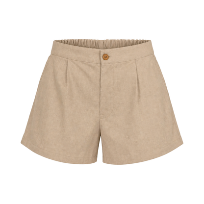 Short De Vestir Mujer Con Pretina Elástica Ajustable Color Caqui Tela Lino Algodón