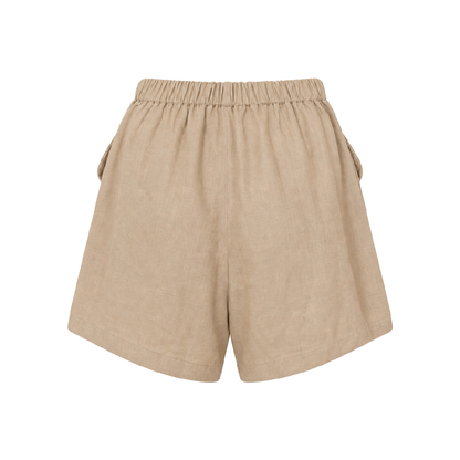 Short De Vestir Mujer Con Pretina Elástica Ajustable Color Caqui Tela Lino Algodón