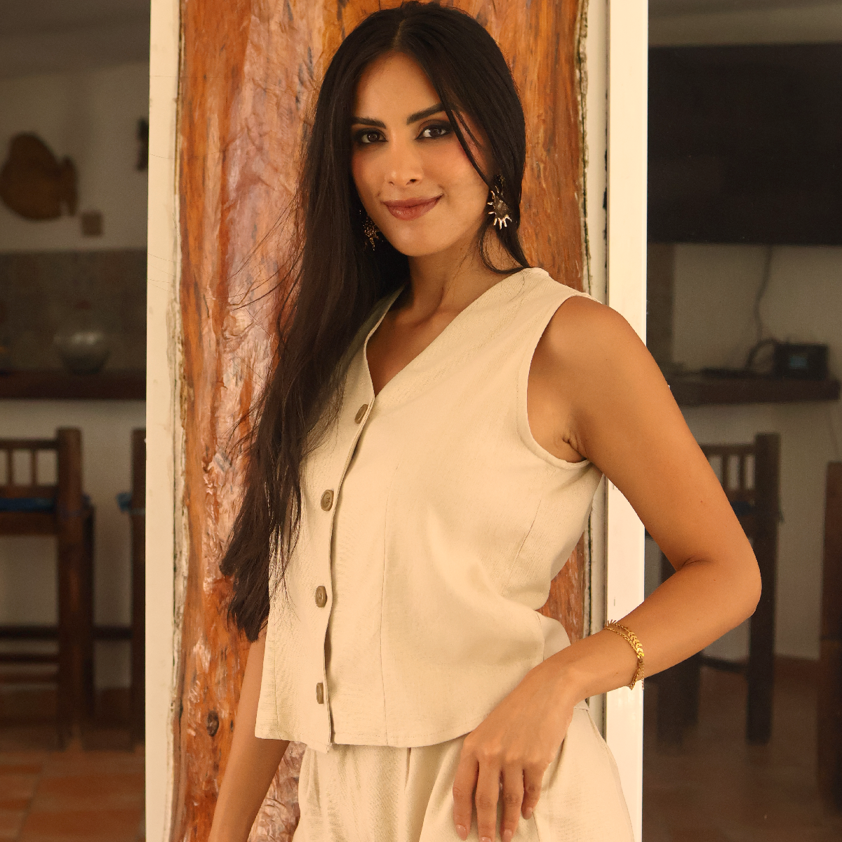 Blusa Caqui Mujer Tipo Chaleco Con Botones Tela Lino Viscosa
