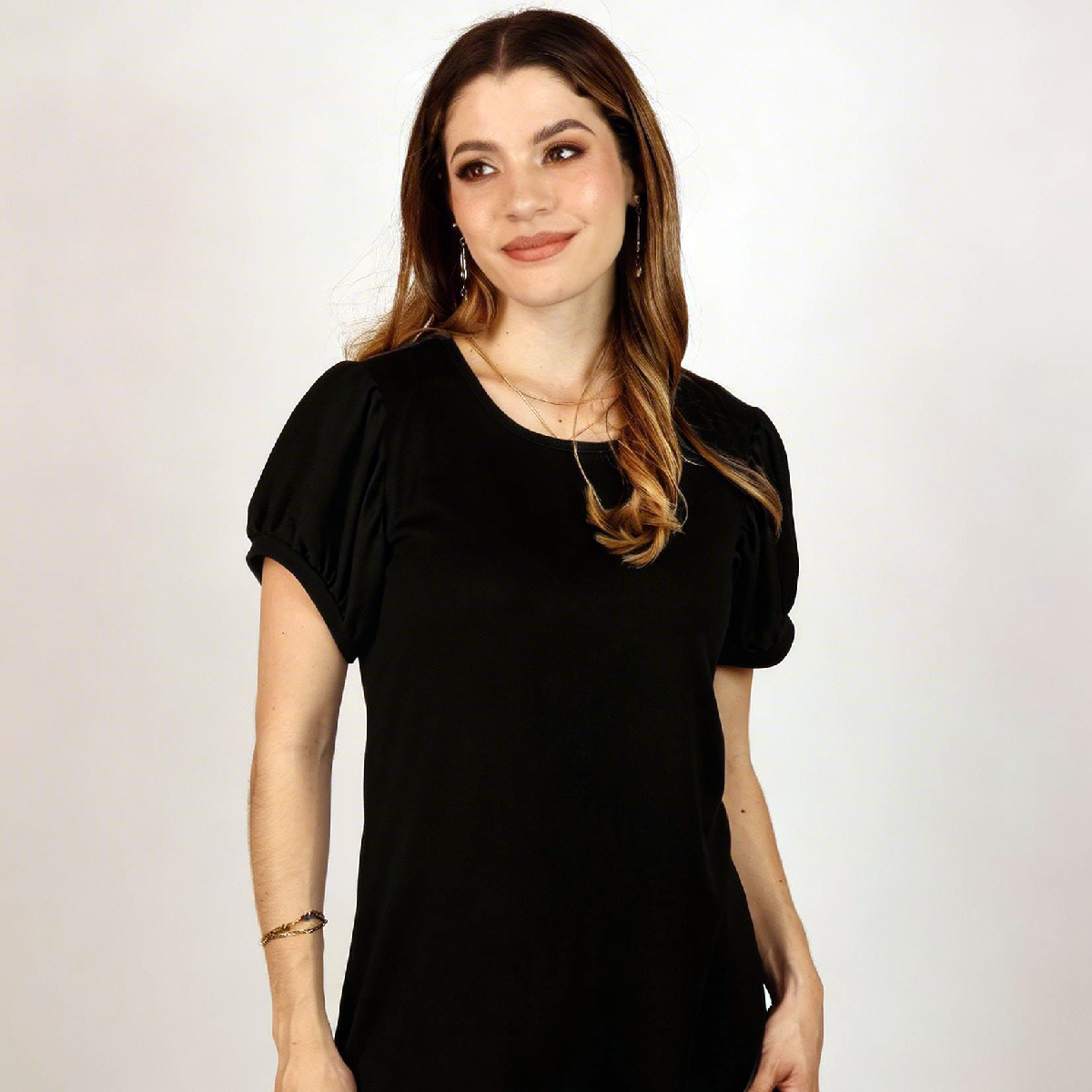 Vestido Negro Corto De Dama Manga Abullonada Fresco Y Cómodo