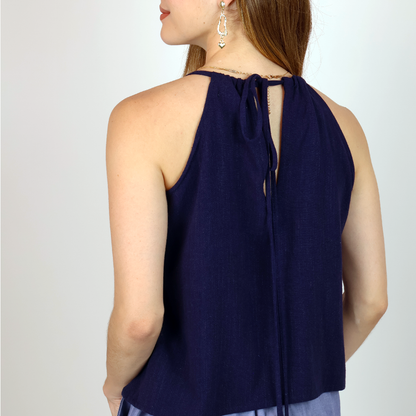Blusa Azul Marino De Tirantes Mujer Con Detalle De Madera Lino Viscosa