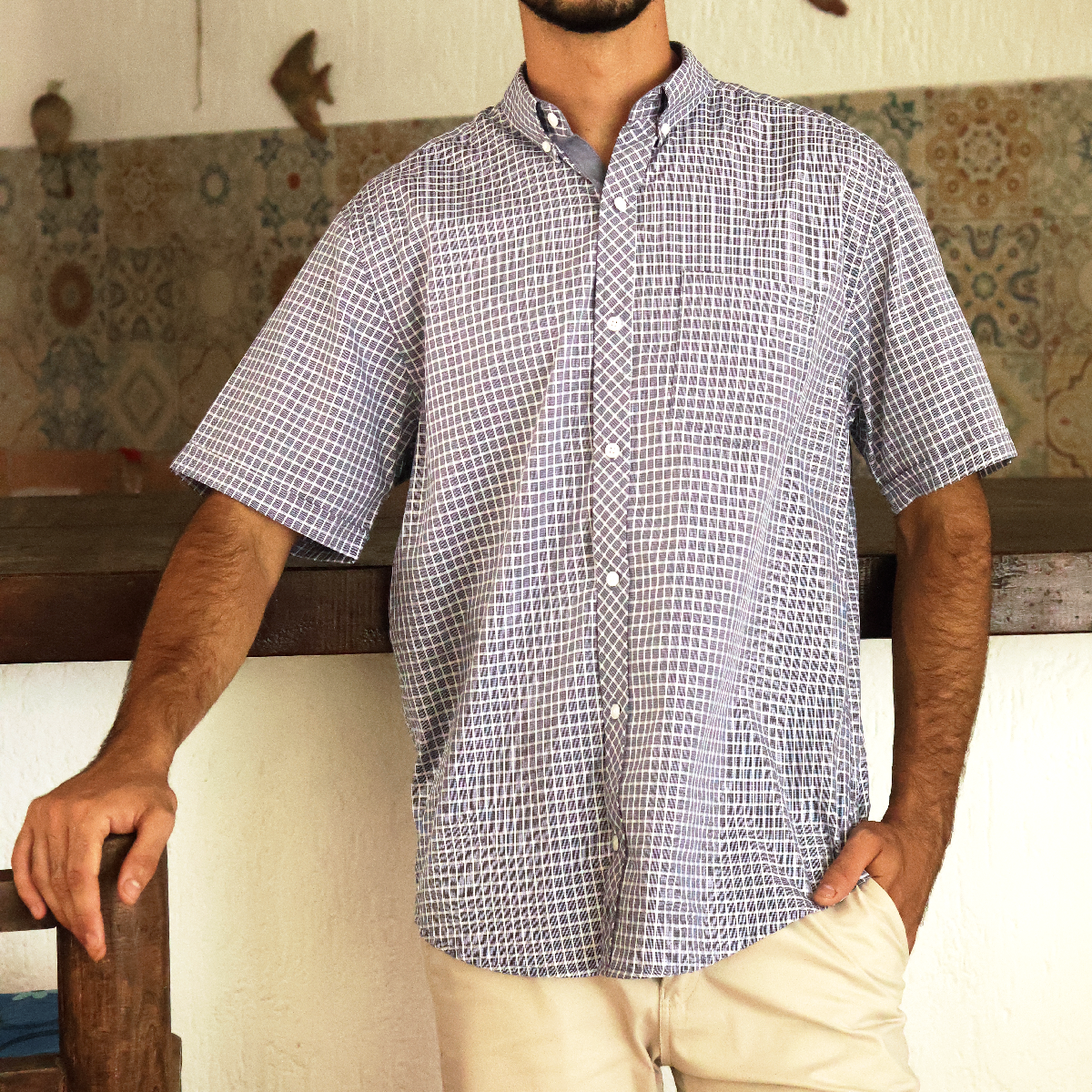 Camisa de manga corta a cuadros para hombre