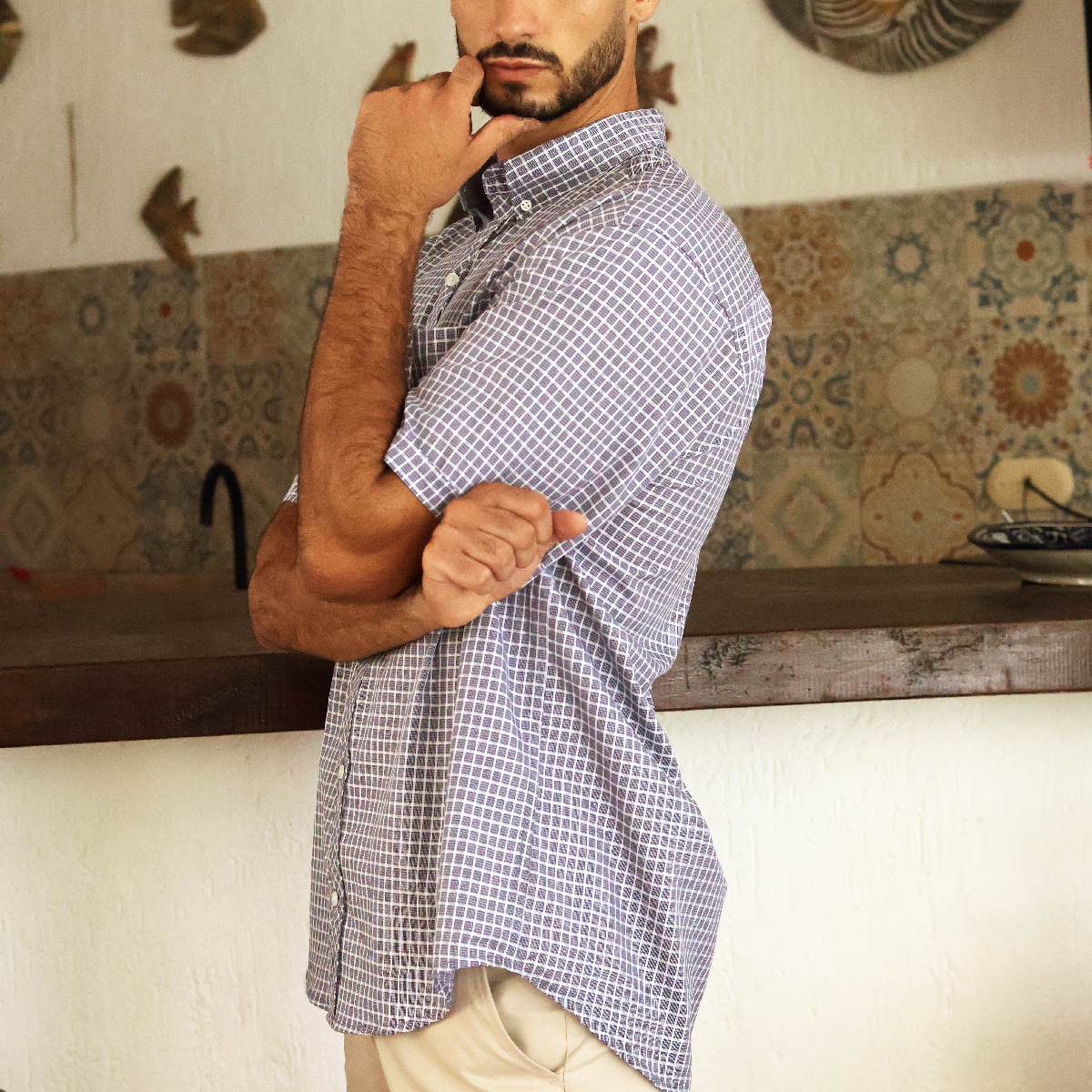 Camisa de manga corta a cuadros para hombre