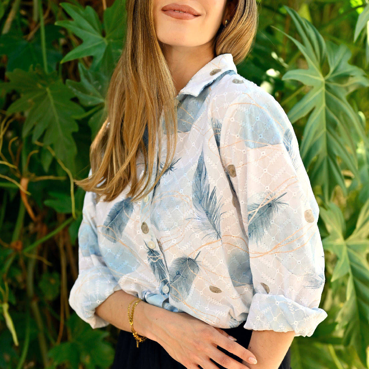 Blusa Manga Larga Mujer Con Bordado Y Estampado Casual