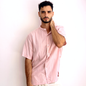Camisa de manga corta con cuello mao a rayas rosa