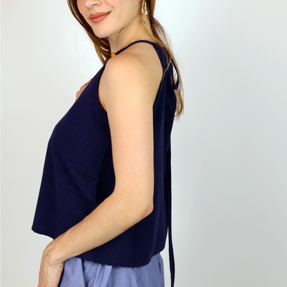 Blusa Azul Marino De Tirantes Mujer Con Detalle De Madera Lino Viscosa