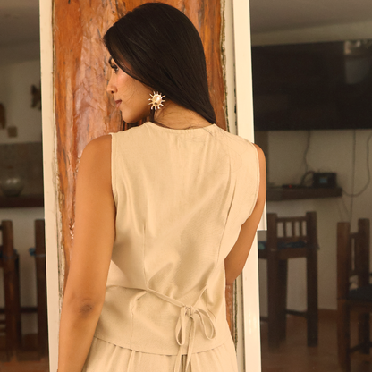 Blusa Caqui Mujer Tipo Chaleco Con Botones Tela Lino Viscosa