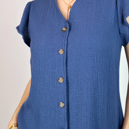 Vestido Corto De Algodón Mujer Azul Marino Cuello Redondo Ligero