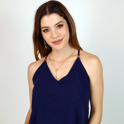 Blusa Azul Marino De Tirantes Mujer Con Detalle De Madera Lino Viscosa