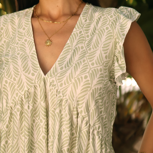 Vestido Estampado Corto Mujer Escote V Manga Olan Casual Fresco