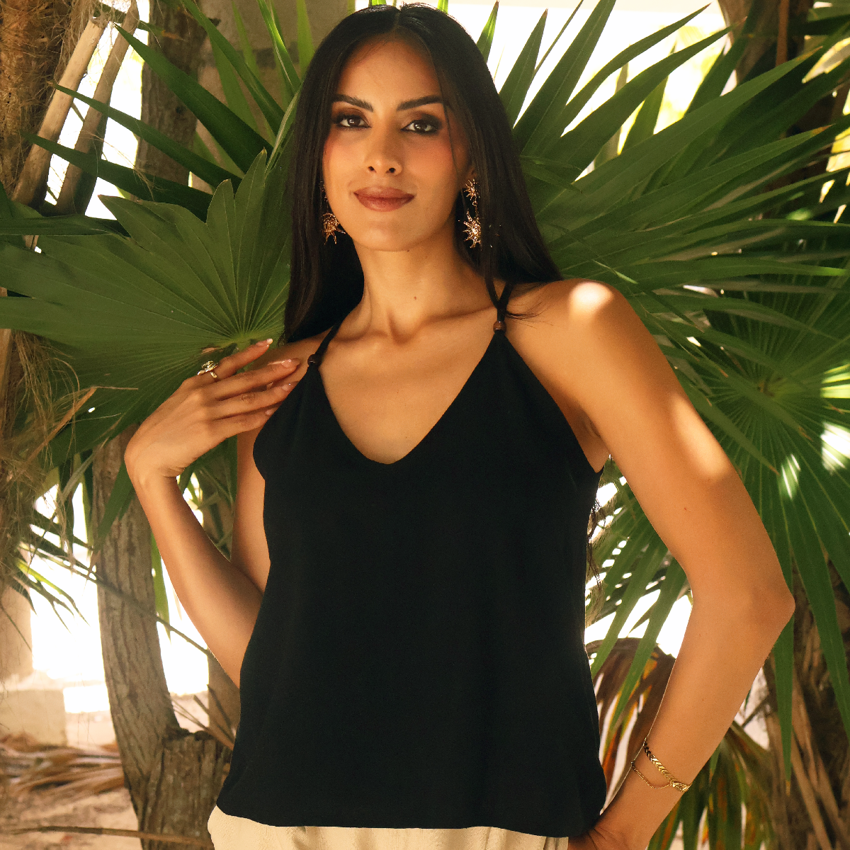 Blusa Negra De Verano Mujer Tirantes Con Aplicación De Madera