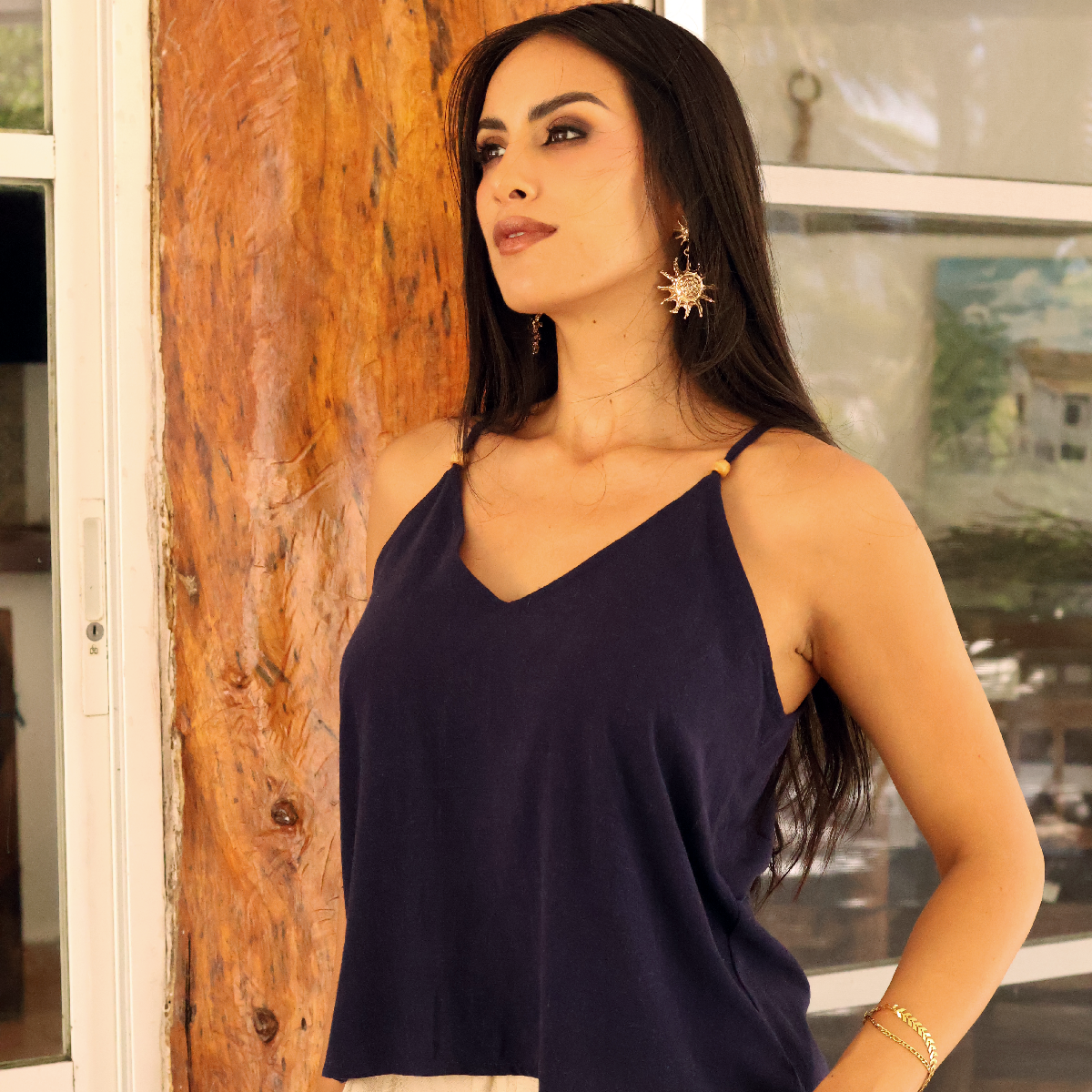 Blusa Azul Marino De Tirantes Mujer Con Detalle De Madera Lino Viscosa