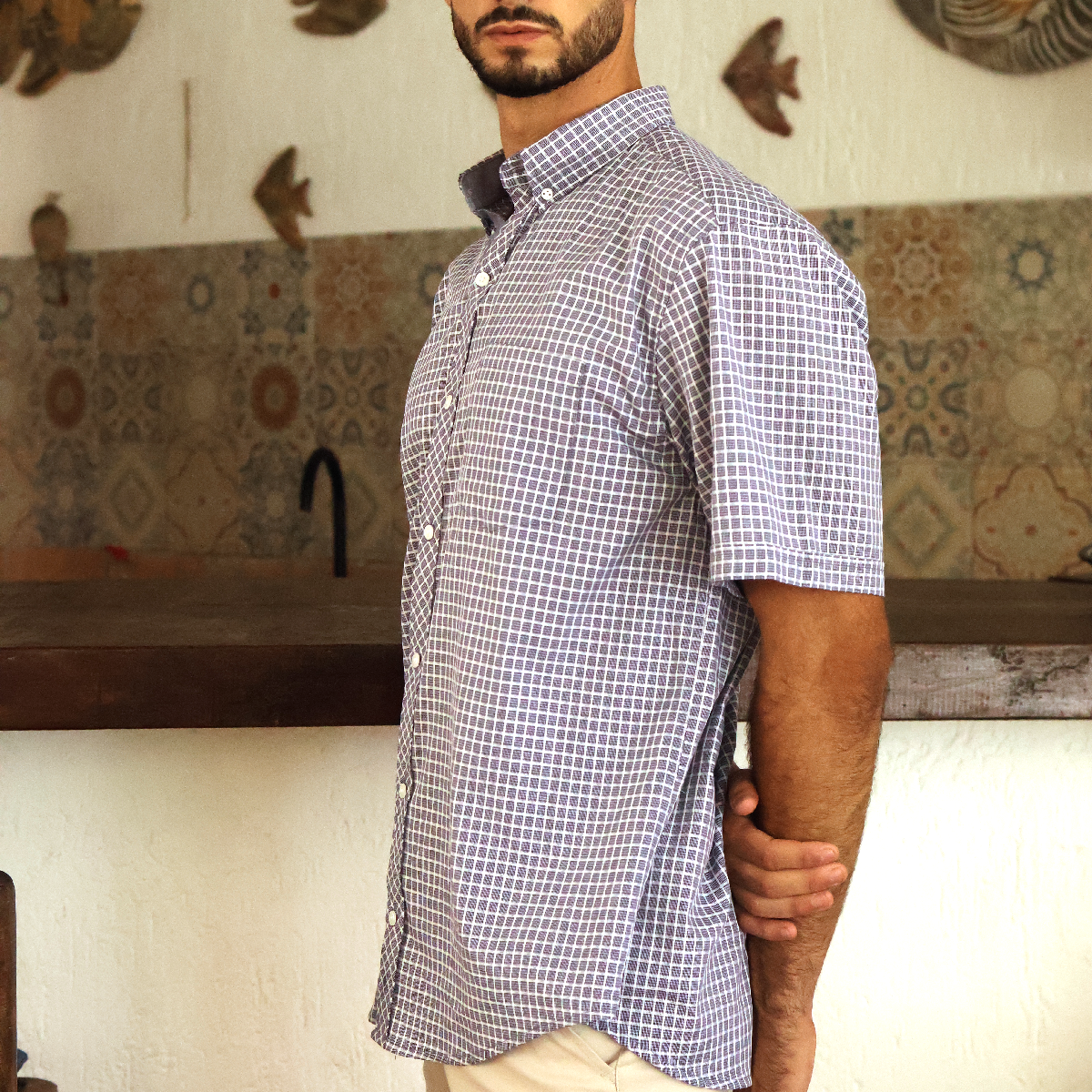 Camisa de manga corta a cuadros para hombre