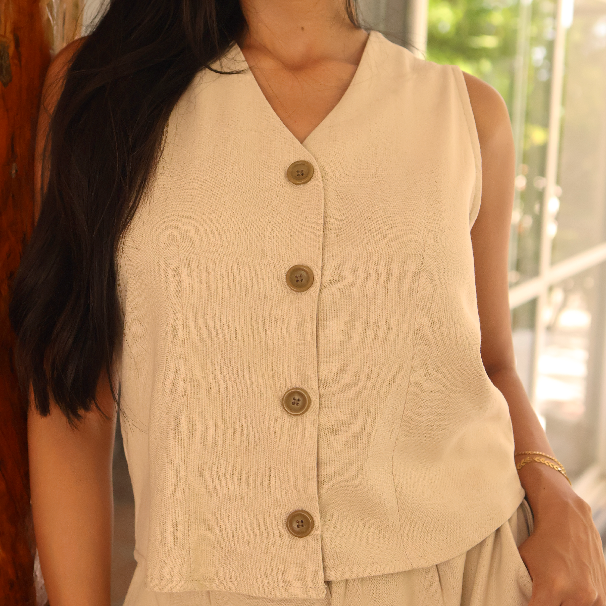 Blusa Caqui Mujer Tipo Chaleco Con Botones Tela Lino Viscosa