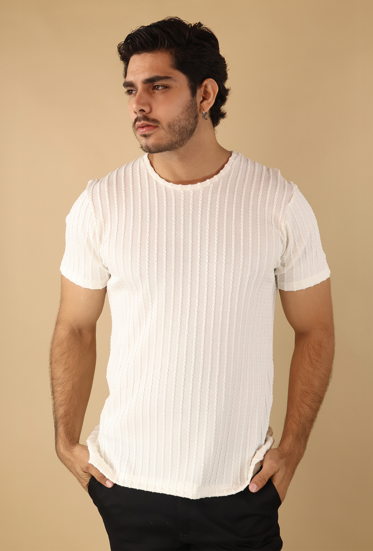 Playera Slim Fit Hombre Tela Texturizada Casual Color Arena
