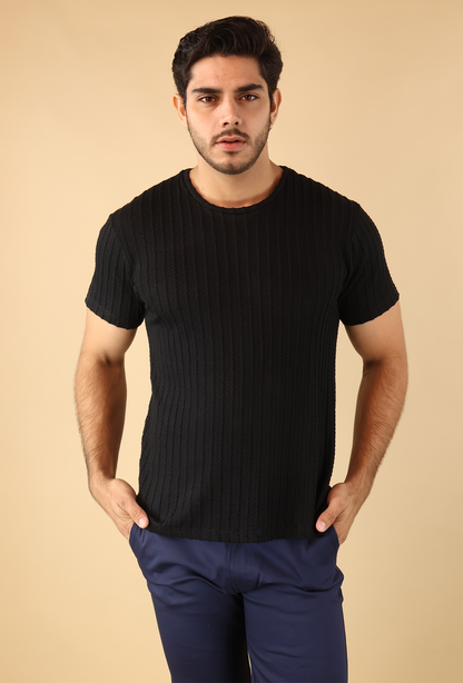 Playera Negra Ajustada Hombre Manga Corta Textura Moderna