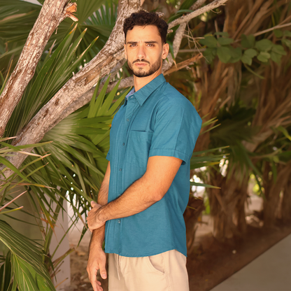 Camisa Guayabera de Manga Corta Color verde Petróleo