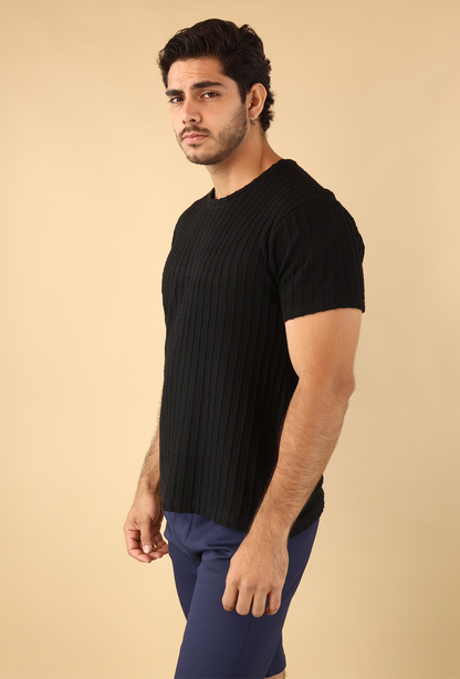 Playera Negra Ajustada Hombre Manga Corta Textura Moderna