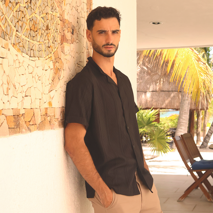 Camisa Negra Manga Corta Hombre Tela Stretch Texturizada Regular Fit
