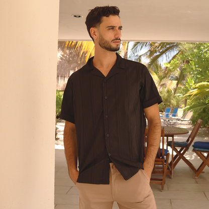 Camisa Negra Manga Corta Hombre Tela Stretch Texturizada Regular Fit